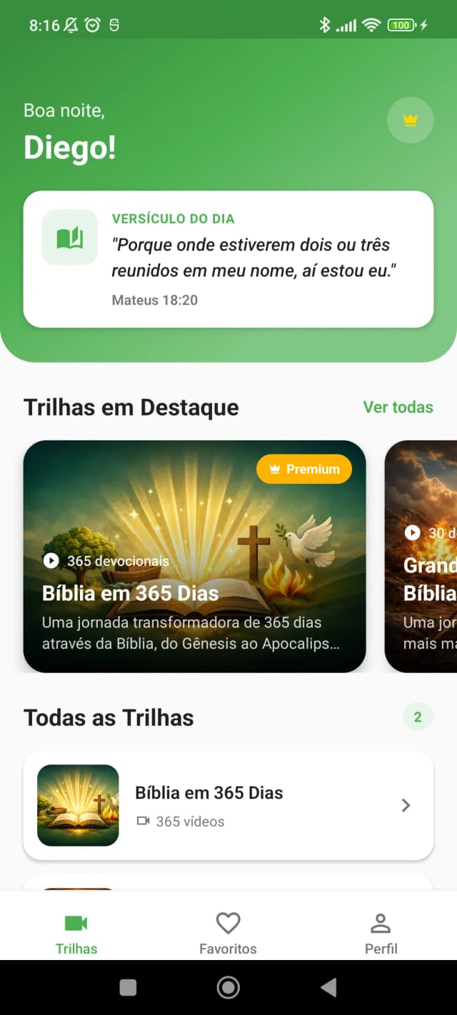 Tela de trilhas do app Semente Diária com Bíblia em 1 Ano, Grandes Acontecimentos Bíblicos e outras jornadas