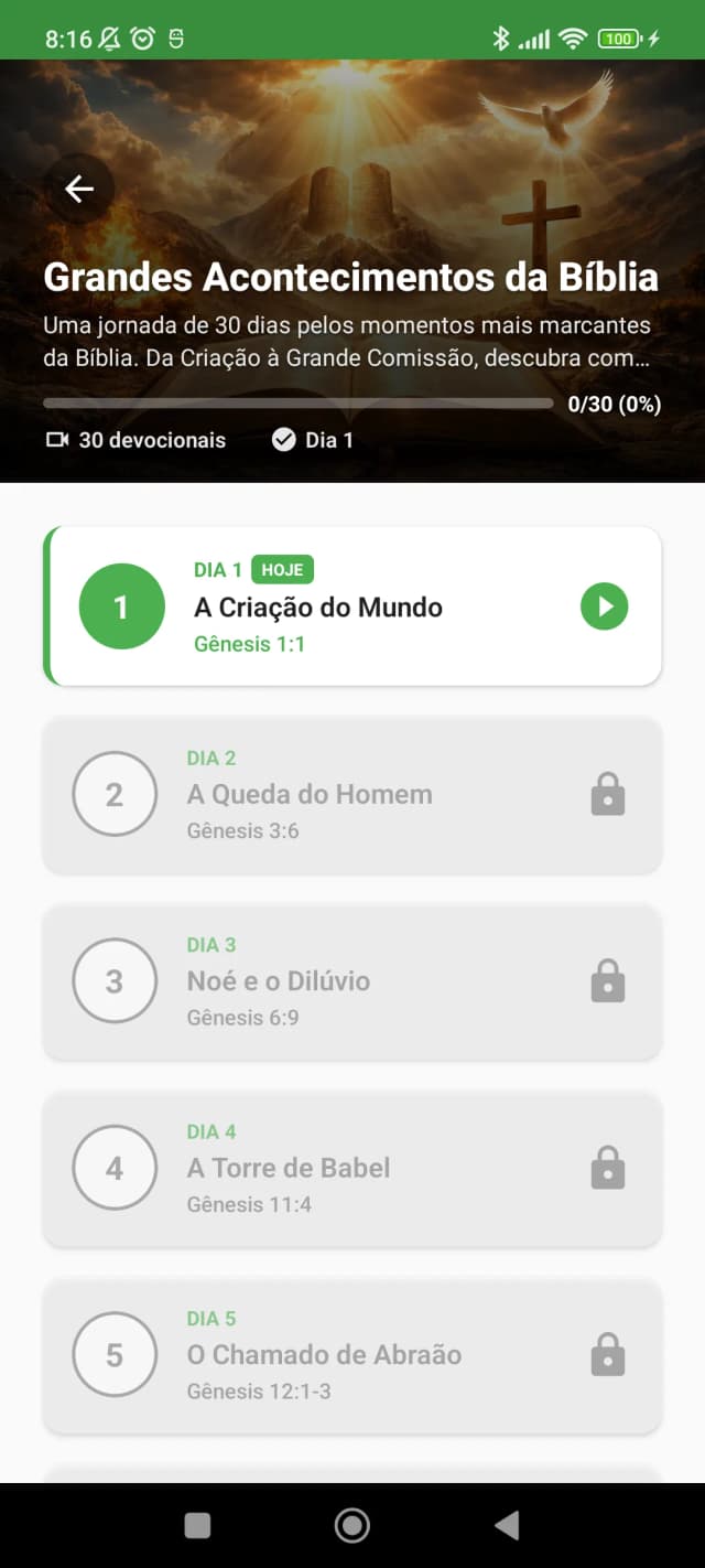 Detalhe de uma trilha mostrando lista de devocionais diários com progresso