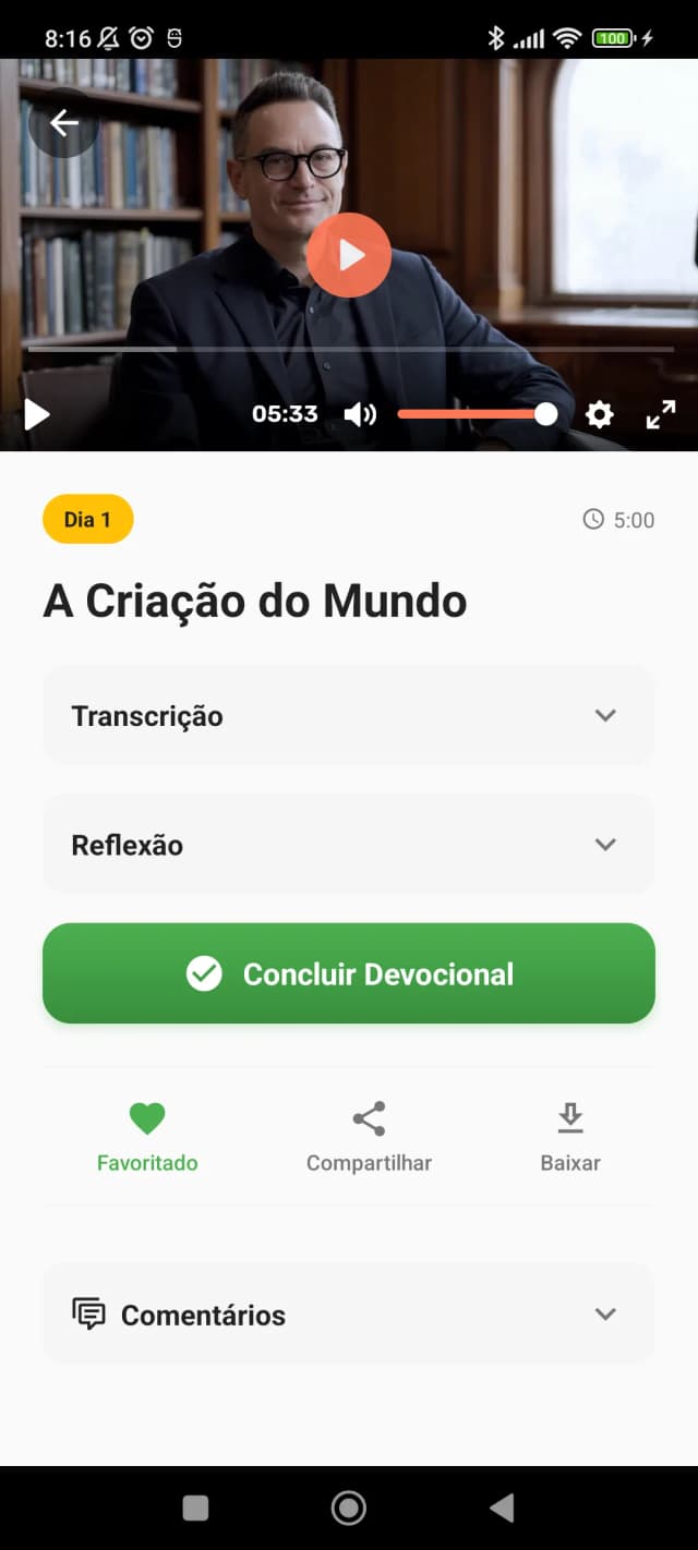Tela do player reproduzindo um devocional em vídeo