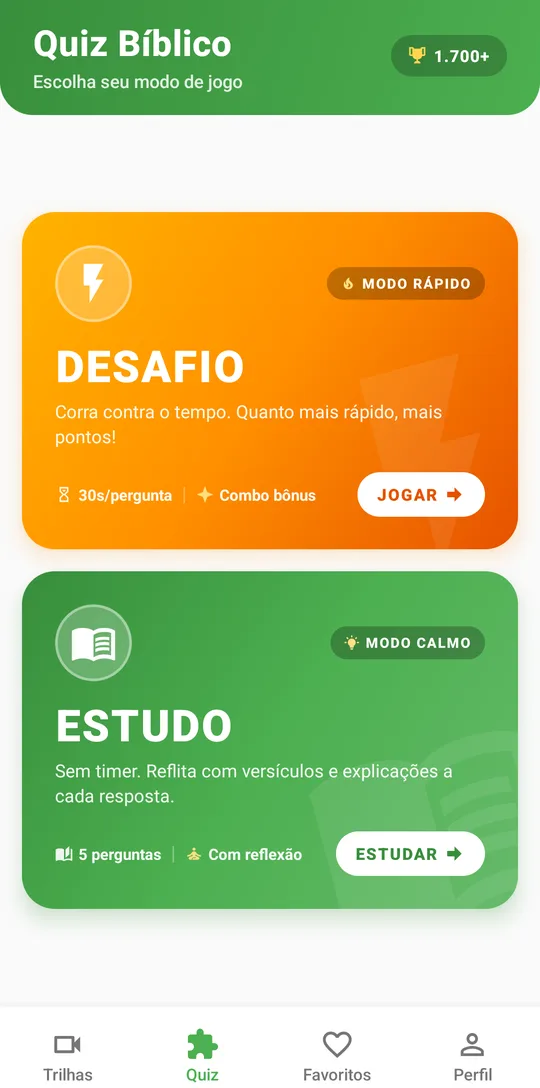 Tela do quiz bíblico com os modos Desafio e Estudo